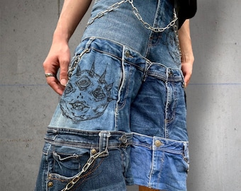 Upcycled Baggy mid calf jeans with chains and drawings