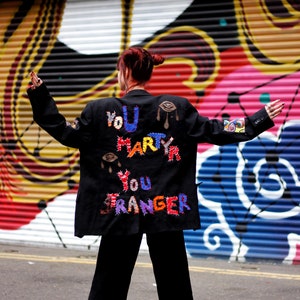 YOU LEGEND Upcycled unisex blazer handstitched letters eye design sustainable clothing punky blazer image 2