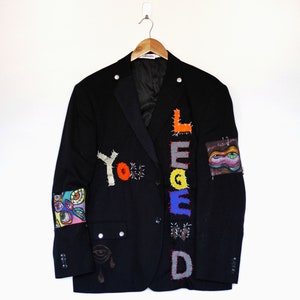 YOU LEGEND Upcycled unisex blazer handstitched letters eye design sustainable clothing punky blazer image 9