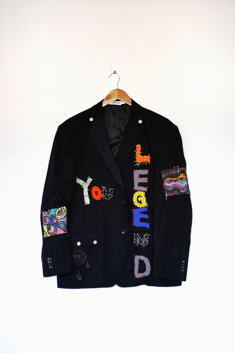 YOU LEGEND Upcycled unisex blazer handstitched letters eye design sustainable clothing punky blazer image 9