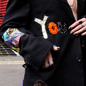 YOU LEGEND Upcycled unisex blazer handstitched letters eye design sustainable clothing punky blazer image 5