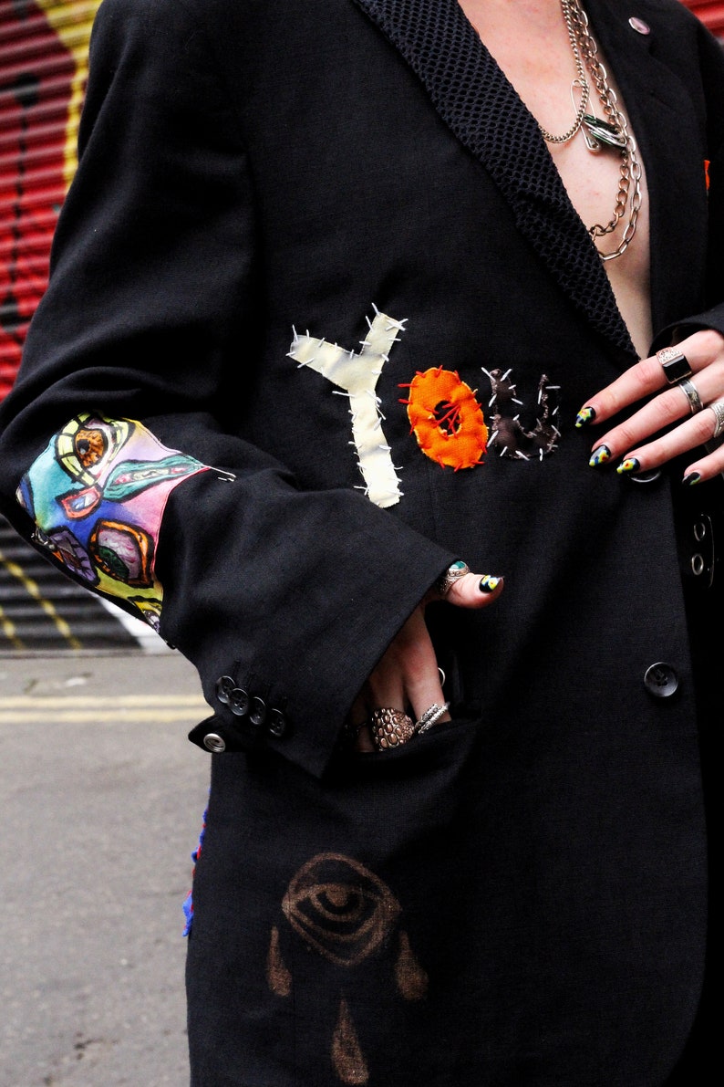 YOU LEGEND Upcycled unisex blazer handstitched letters eye design sustainable clothing punky blazer image 5