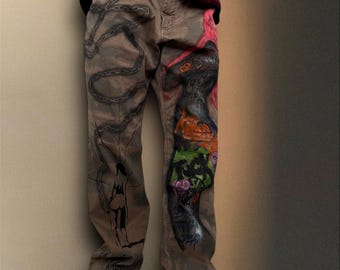 Skull punk” bleached hand painted trousers