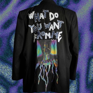 Upcycled unisex blazer “What do you want from me?!” - punky style - sustainable clothing - handpainted - denim details