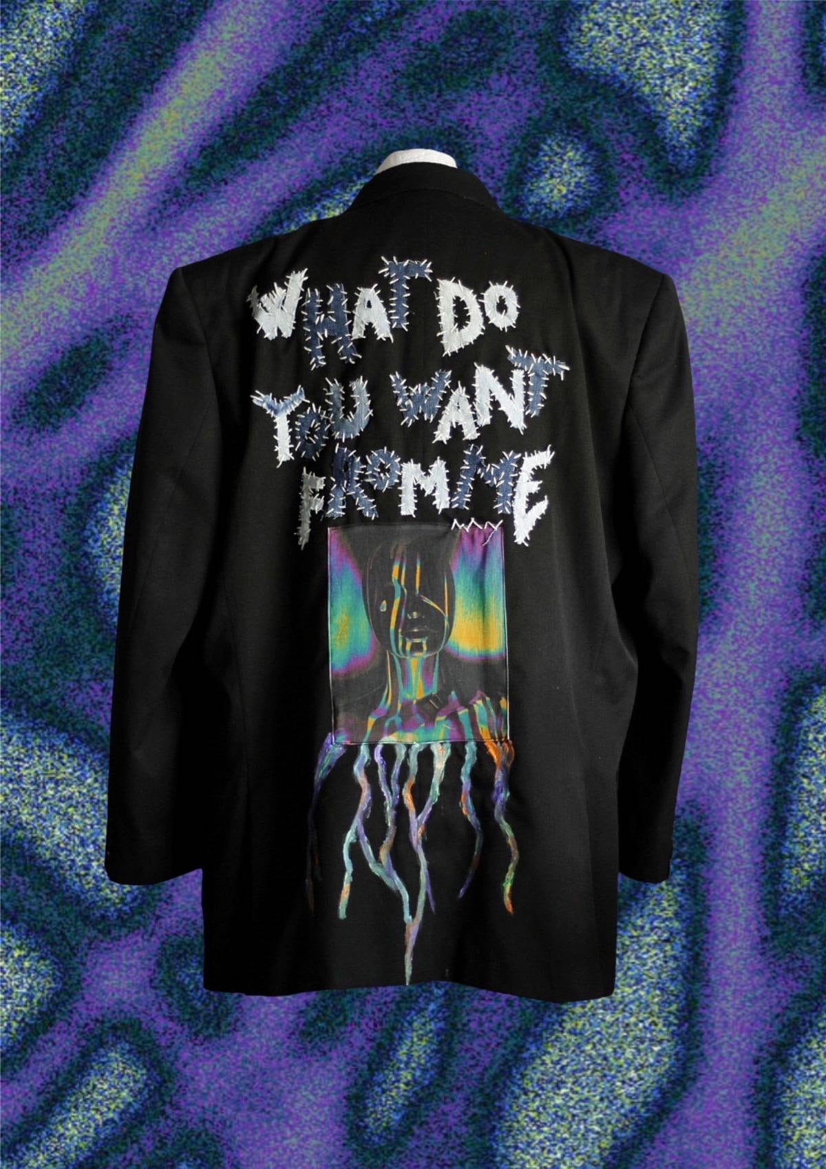 Upcycled Hand-Painted Blazer: Punk Style Denim Details - Size XL