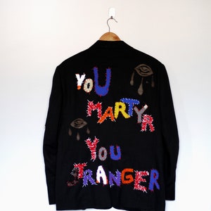 YOU LEGEND Upcycled unisex blazer handstitched letters eye design sustainable clothing punky blazer image 8