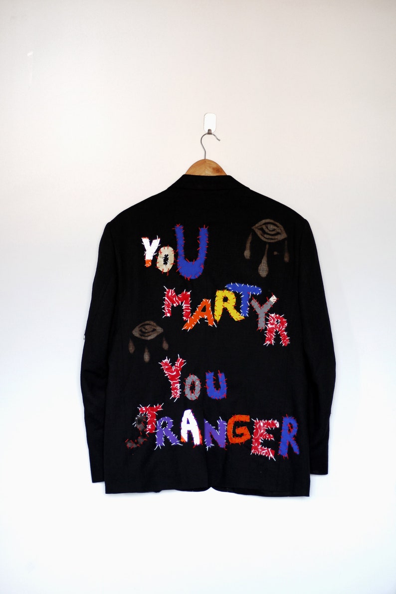 YOU LEGEND Upcycled unisex blazer handstitched letters eye design sustainable clothing punky blazer image 8