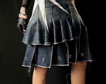 Repurposed Denim Pleated Skirt: White Print, Silver Circles, Punk Rave Style