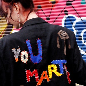 YOU LEGEND Upcycled unisex blazer handstitched letters eye design sustainable clothing punky blazer image 6