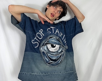 Oversized Denim T-Shirt: Upcycled Blue Jean Patchwork, 'Stop Staring' Graphic