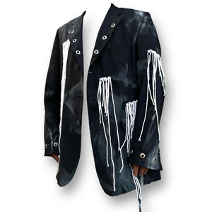 HANGING” Upcycled unisex blazer - custom blazer - hanging threads design - punky style - batiqued/sprayed