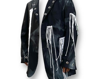 HANGING” Upcycled unisex blazer - custom blazer - hanging threads design - punky style - batiqued/sprayed
