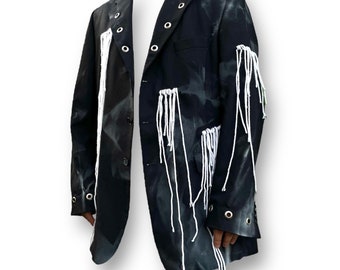 Upcycled Batiqued Blazer: Unisex Punk Style with Hanging Threads