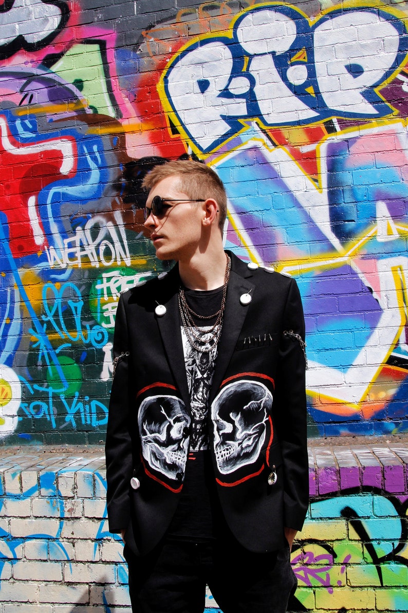 SKULL LOVE Upcycled unisex blazer sustainable clothing punky style handpainted image 1