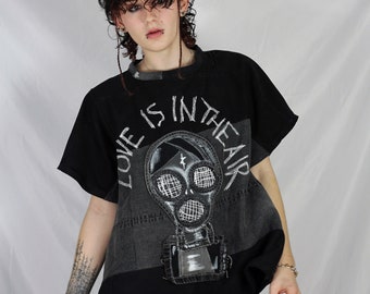 Baggy Denim T-Shirt: Handmade Toxic Mask Design, Upcycled Street Style