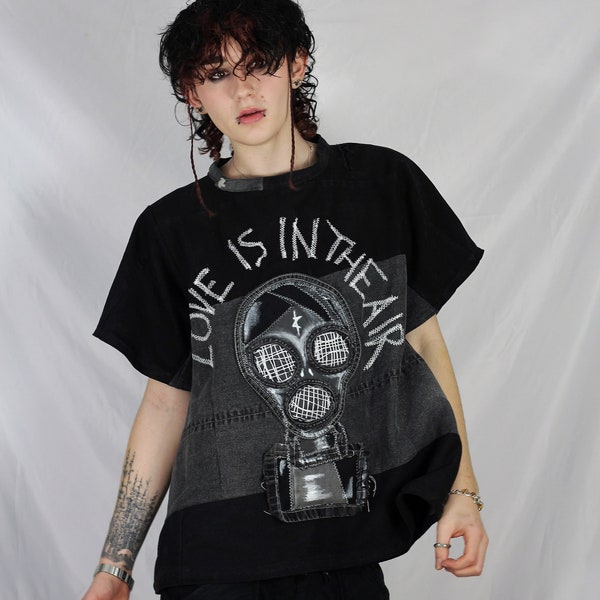 Baggy black denim T-shirt with textured art/love is in the air title/street style denim T-shirt/punk clothing/toxic mask design/baggy unisex