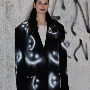 Upcycled unisex blazer -Pretend its all okay - punky blaze - handpainted blazer - smiley faces - black and white blazer - sustainable cloth