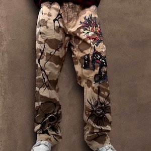 Skull punk"gebleekte handgeschilderde broek