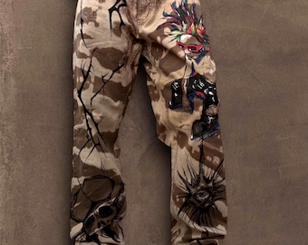 Skull punk” bleached hand painted trousers