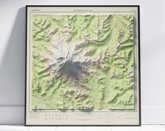 Mount Rainier National Park Map ~ Flat 2D Vintage Map Print Poster Wall Art Decor