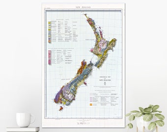 May include: A vintage geological map of New Zealand, showing the different rock formations and geological features of the North and South Islands. The map is printed on a white background with a grid pattern and includes a legend with color-coded rock types.
