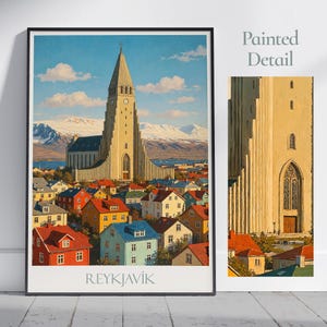 Poster di viaggio di Reykjavik / Stampa di Hallgrímskirkja, Islanda / Stampa artistica da parete dipinta e decorazione per la casa / Regalo personalizzato