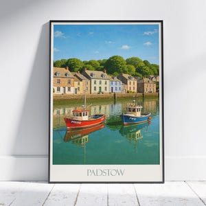 Padstow Travel Poster | Cornwall Art Print | Cornish Harbour Wall Art | Fishing Boats | Vintage Style UK Coastal Decor Gift