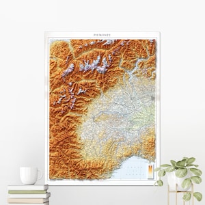 Piemonte, Italië ~ Vintage kaart gearceerd reliëf plat 2D-print ~ Decor poster kunst aan de muur