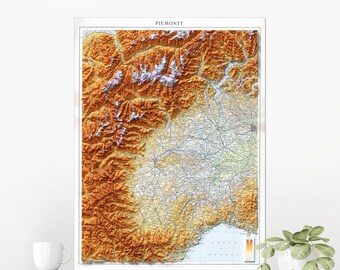 Piedmont, Italy ~ Vintage Map Shaded Flat 2D Print ~ Poster Wall Art Decor
