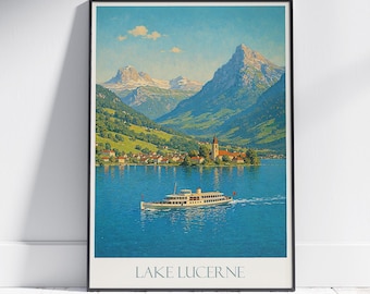 Cartaz de viagem do Lago Lucerna, Suíça: impressão de barco a vapor vintage