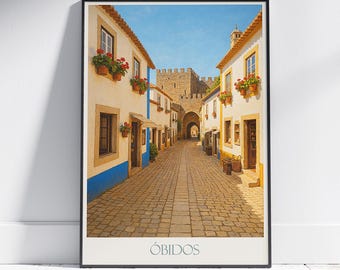 Óbidos Reiseposter, Charmante Portugisische Straße | Mittelalterliche Stadt Wandkunst | Portugal Print