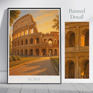 Stampa di viaggio di Roma, tramonto sul Colosseo ~ Poster di viaggio romano in Italia / Arte murale dipinta e arredamento per la casa / Regalo di vacanza personalizzato con cornice