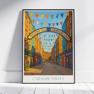 Poster turistico di Carnaby Street, Londra / Stampa artistica da parete con vivace città del Regno Unito / Regalo iconico per l'arredamento di Soho