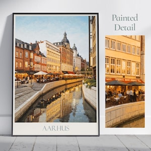 Aarhus Reiseplakat, Dänemark - gerahmter gemalter Wand-Kunstdruck, personalisiertes Wohndekor Geschenk | Skandinavisches Stadtbild Urlaubs-Souvenir