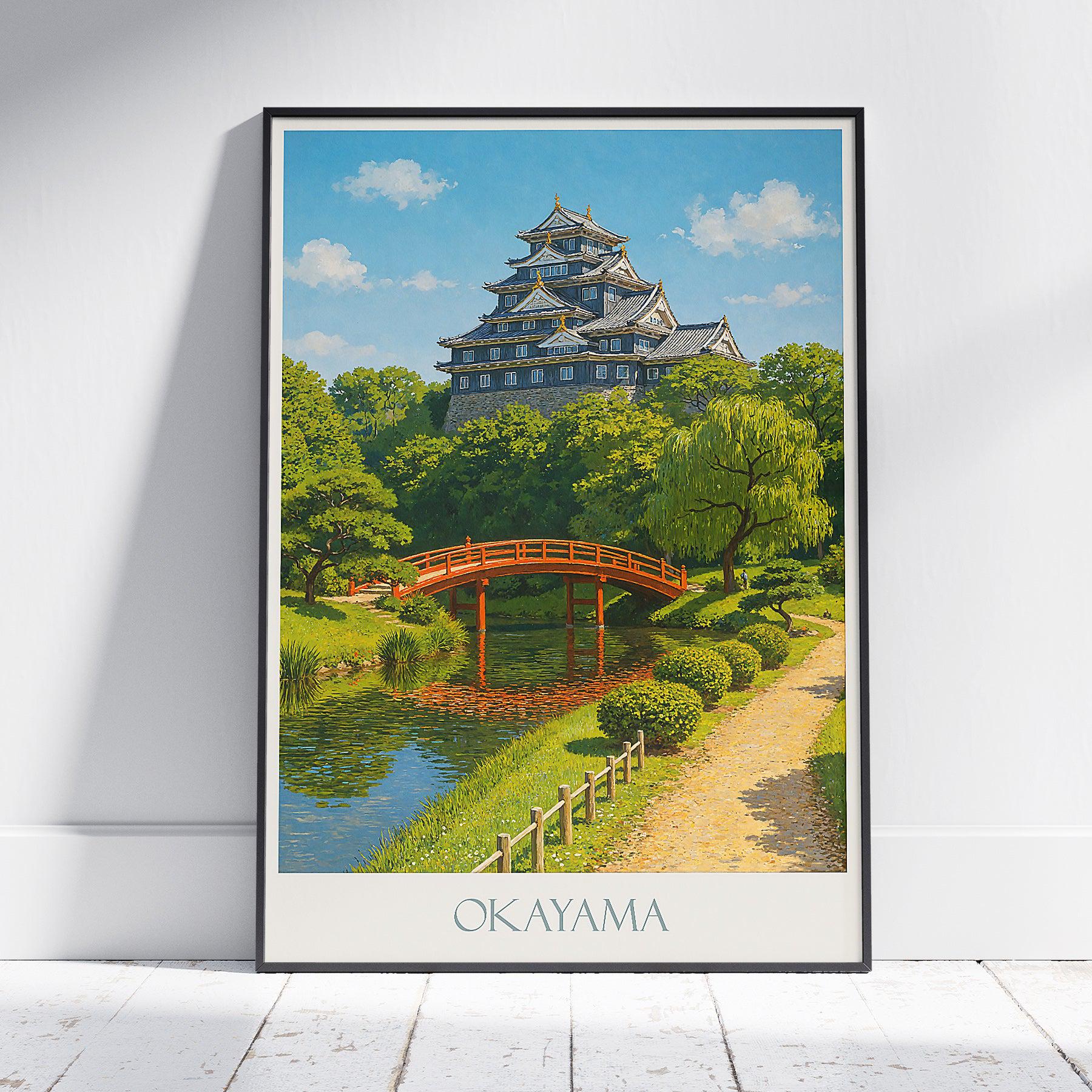 Okayama Japan Travel Poster: Crow Castle & Korakuen Garden Art