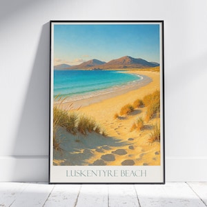 Luskentyre Beach Travel Poster, Isle of Harris Scotland Art Print | Golden Sand Dunes & Turquoise Sea Painting | Coastal Wall Decor