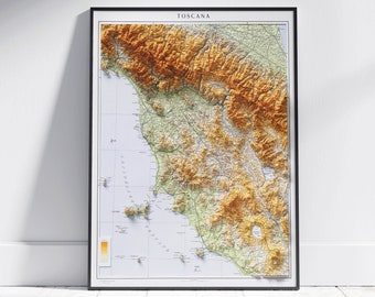 May include: A vintage-style map of the region of Toscana, Italy, with a black frame. The map shows the topography of the region with different shades of brown and green. The map is titled "TOSCANA" in the top center.