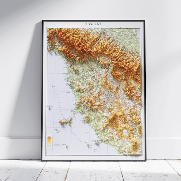 Toskana, Italien ~ Vintage Map Shaded Relief Flat 2D Print ~ Poster Wandkunst Dekor