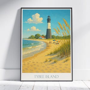 Póster de viaje del faro de Tybee Island, Georgia / Impresión artística de playa costera / Decoración de pared de Savannah, Georgia / Faro de rayas blancas y negras