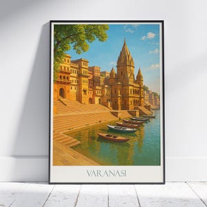 Varanasi Travel Poster, Ganges River Ghats ~ India Painted Art Print | Spiritual Wall Art | Home Decor Gift