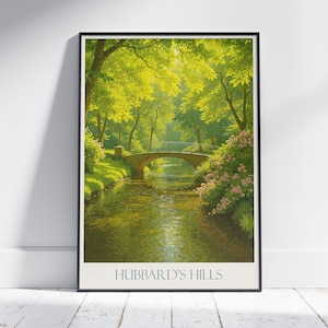 Póster de viaje de Hubbard's Hills, puente con arroyo sereno, impresión artística de pared con naturaleza verde vibrante, regalo de decoración con paisaje tranquilo