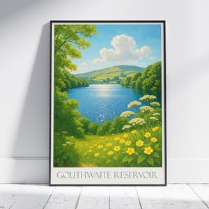 Póster de viaje del embalse de Gouthwaite, arte paisajístico sereno de Yorkshire, impresión de naturaleza del Reino Unido, decoración de pared apacible