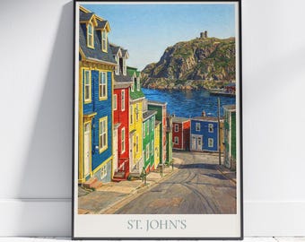 ニューファンドランド州セントジョンズの旅行ポスター：シグナルヒルとジェリービーンロウの絵画プリント
