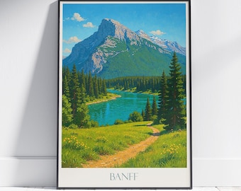 Poster di viaggio di Banff: stampa artistica del lago di montagna delle Montagne Rocciose canadesi