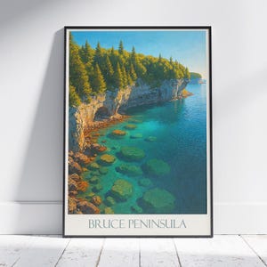 Impresión de viaje a la península de Bruce ~ Póster de viaje a Ontario, Canadá / Arte mural pintado y decoración del hogar / Impresión de pintura enmarcada / Regalo de viaje de vacaciones