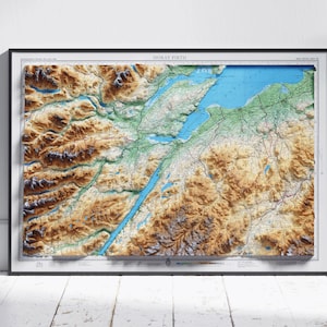 Moray Firth, Schotland ~ Platte 2D schaduwrijke reliëfkaart Vintage Atlas stijl print poster Wall Art decor