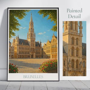 Poster turistico di Bruxelles / Stampa artistica da parete dipinta della Grand Place / Decorazione per la casa con paesaggio urbano del Belgio / Regalo di vacanza personalizzato con cornice