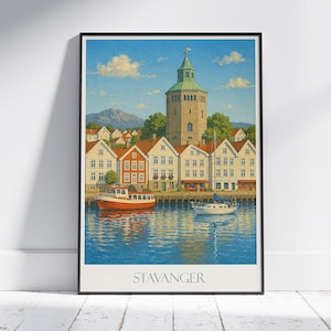 スタヴァンゲル ノルウェー旅行ポスター: Gamle Stavanger Harbor アート プリント