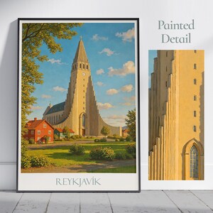 Poster di viaggio di Reykjavik, Hallgrímskirkja, Islanda / Stampa artistica da parete dipinta e decorazione per la casa / Regalo di vacanza personalizzato con cornice