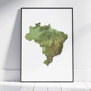 Brasilien Karte ~ Flacher 2D Topographischer Reliefdruck aus der Luft ~ schattiertes Poster Wandkunst modernes Dekor